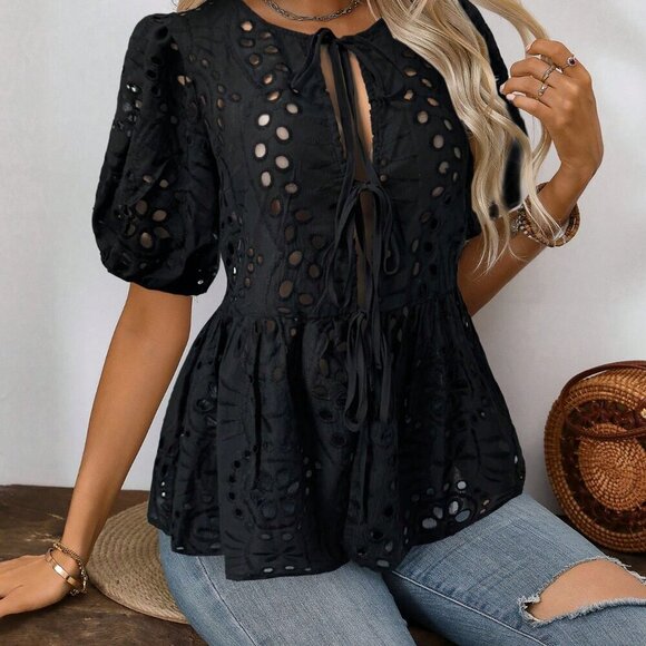 Black Casual Women's Round Neck Short Sleeve Shirt Peplum Top - Picture 7 of 7